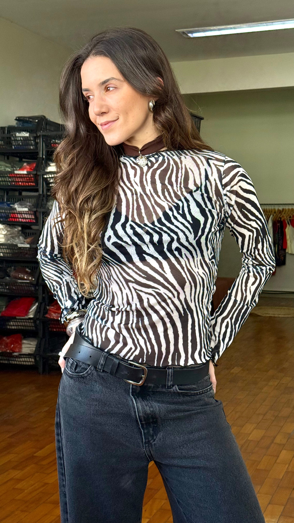 Blusa Tule Manga Comprida - Zebrada