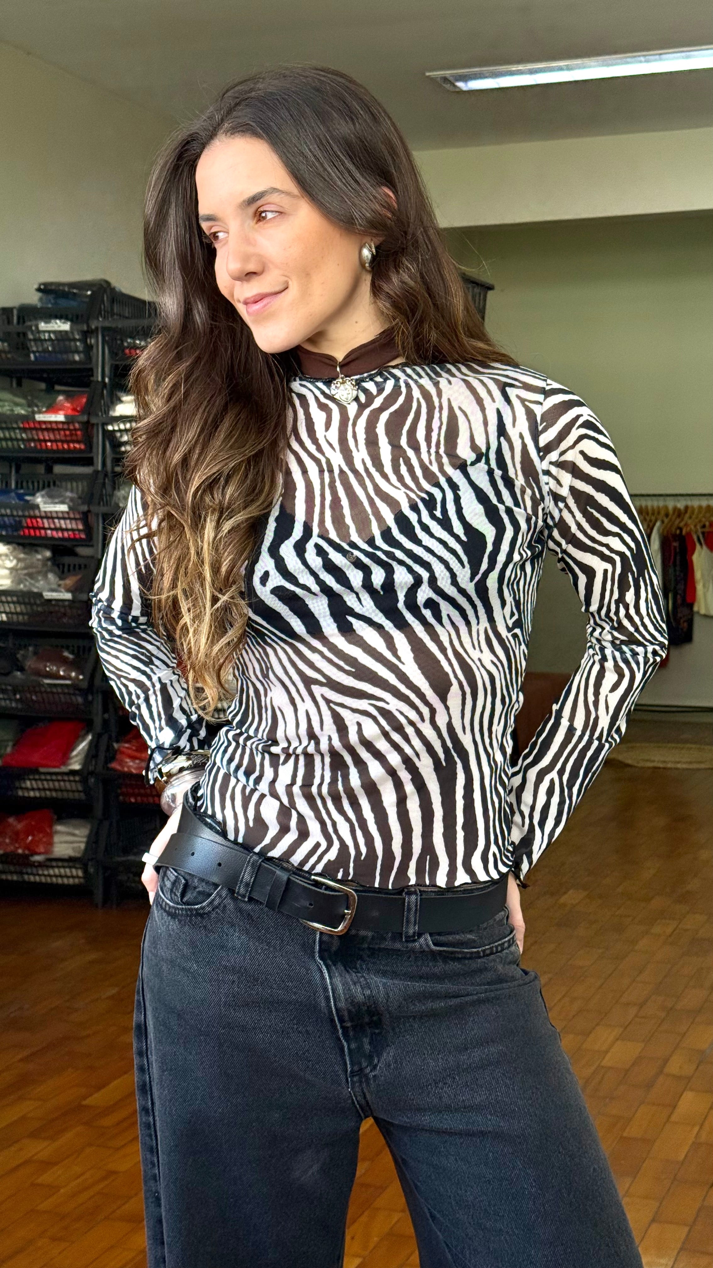 Blusa Tule Manga Comprida - Zebrada