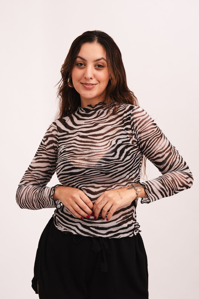 Blusa Tule Manga Comprida - Zebrada