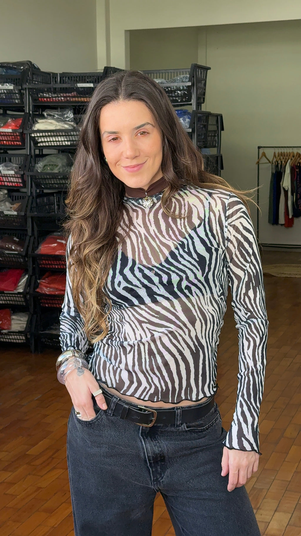 Blusa Tule Manga Comprida - Zebrada