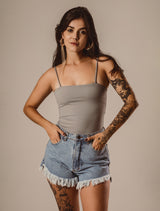 Body Poliamida Decote Quadrado - Cinza