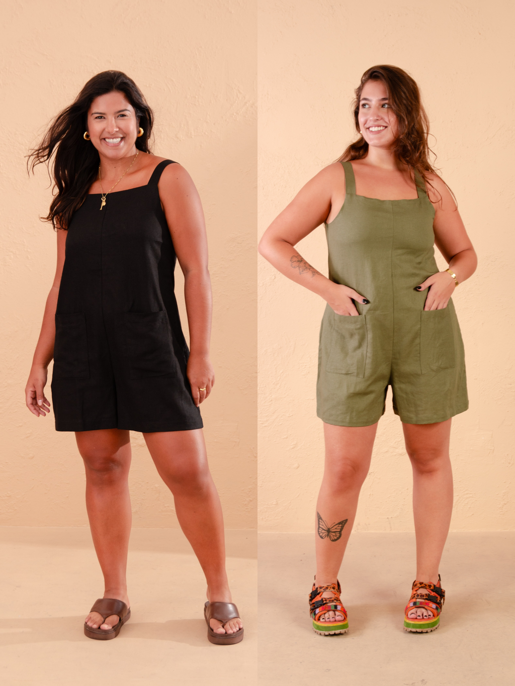 Conjunto 2 Macaquinhos de Linho - Preto e Verde Militar