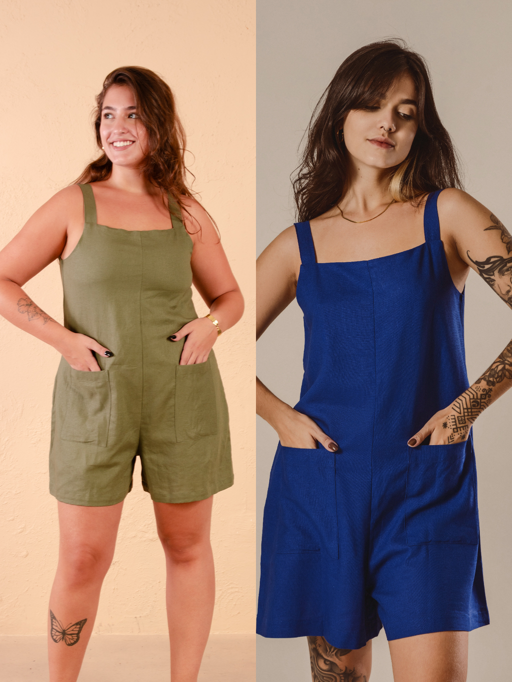 Conjunto 2 Macaquinhos de Linho - Verde Militar e Azul Royal