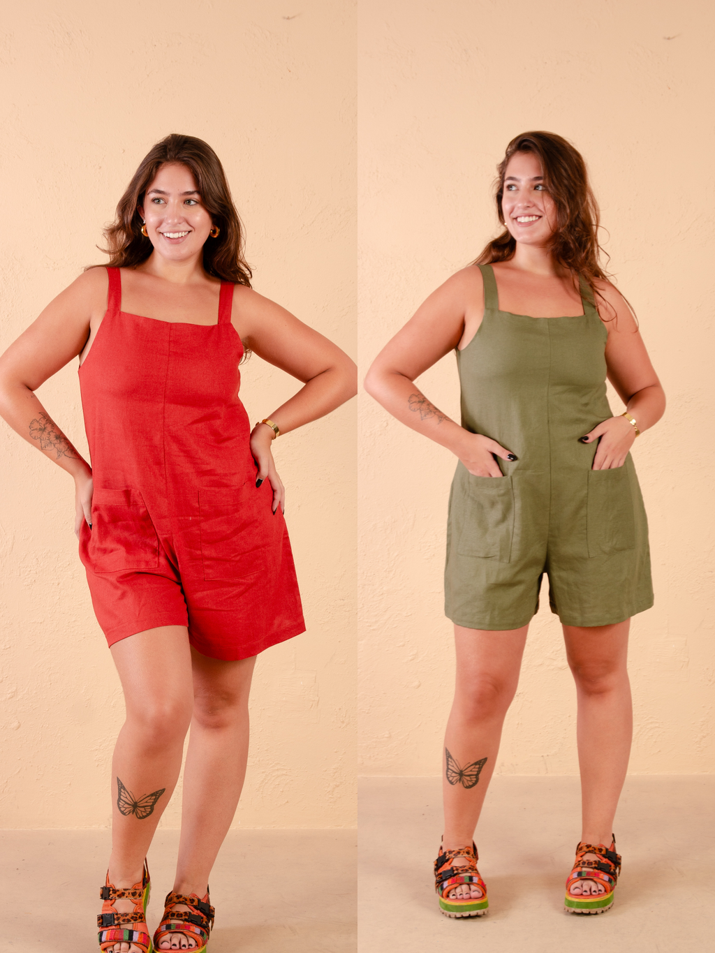Conjunto 2 Macaquinhos de Linho - Terra e Verde Militar