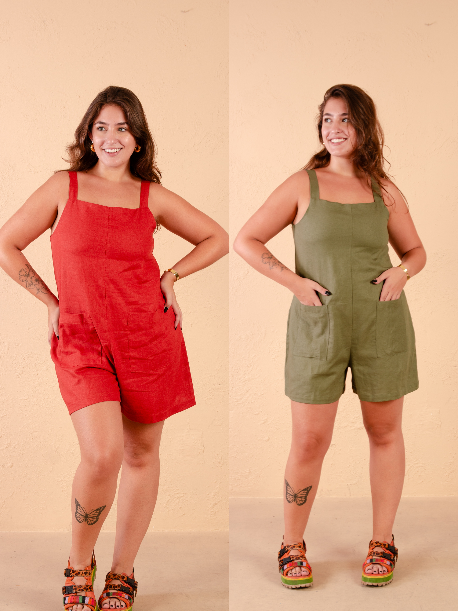 Conjunto 2 Macaquinhos de Linho - Terra e Verde Militar