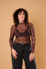 Blusa Tule Manga Comprida - Zebrada Marrom