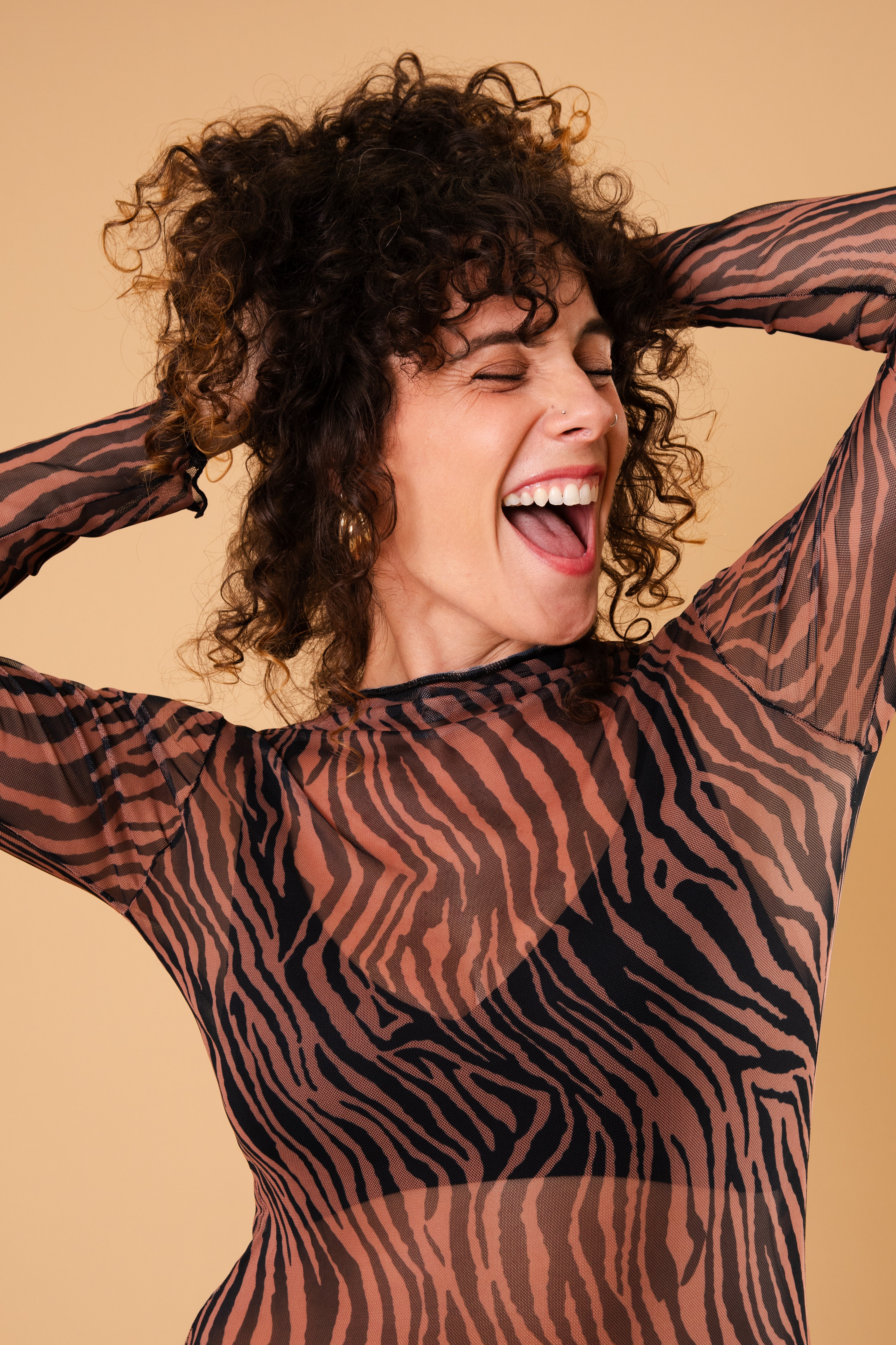 Blusa Tule Manga Comprida - Zebrada Marrom